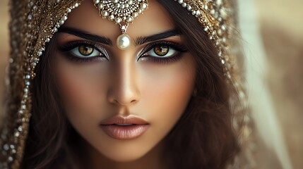 Close-up portrait of a woman with dark hair, wearing traditional Indian jewelry and looking intensely at the camera.