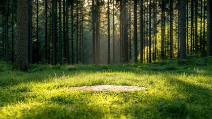 Wall Mural - Sunlit Forest Clearing with Lush Green Grass and Tall Trees in the Background, Capturing the Tranquility and Natural Beauty of a Serene Woodland Environment