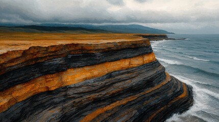 Wall Mural - Dramatic Coastal Cliff with Layered Rock Formations and Ocean Waves Under a Cloudy Sky