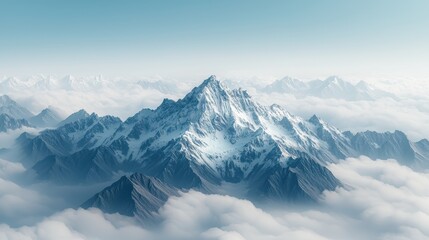 Wall Mural - Majestic Snow-Capped Mountain Peak Rising Above Clouds in Serene Landscape with Clear Blue Sky