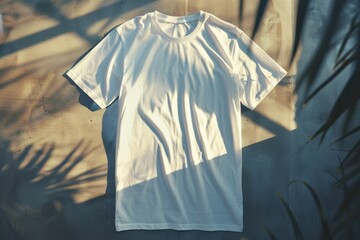 A white t-shirt hangs on a wall, simple and clean