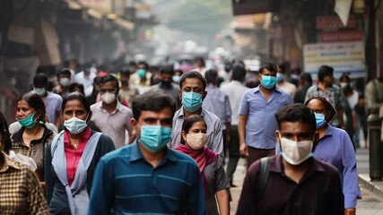 Poster - Crowd of people walking street wearing masks