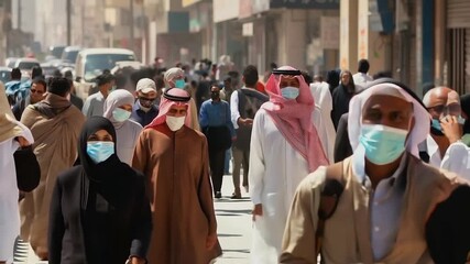 Poster - Crowd of people walking street wearing masks