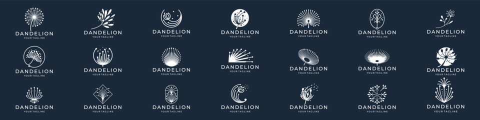 dandelion logos. Herbal leaves flowers vector for brand design. Brand and logo dandelion plant silhouette, logotype of company.