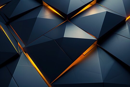 Abstract geometric dark blue and orange background with glowing lines.