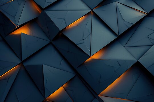 Abstract geometric dark blue background with orange glowing edges.