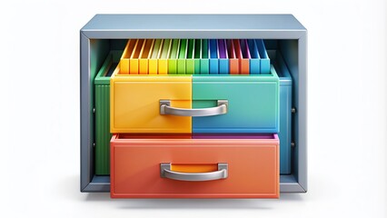 Vibrant, stylized filing cabinet icon with an open drawer, showcasing colorful folders and papers, isolated on a transparent background for versatile design use.