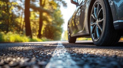 Poster - low angle view of a modern grey car on road