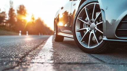 Poster - low angle view of a modern grey car on road