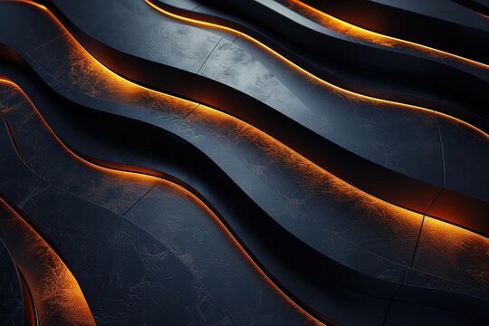 Abstract dark background with curved lines and glowing orange light.