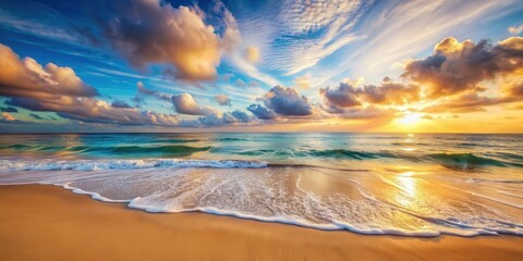 Sandy beach pastel background with blue cloudy sky, soft ocean wave in warm sunset light, beach, sand, pastel, background, blue, cloudy