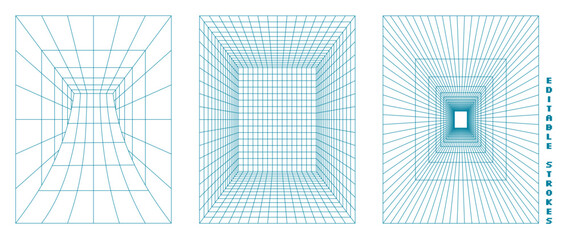 Wall Mural - a collection of 3d wireframe tunnel designs at checkered grid background. the abstract geometric por