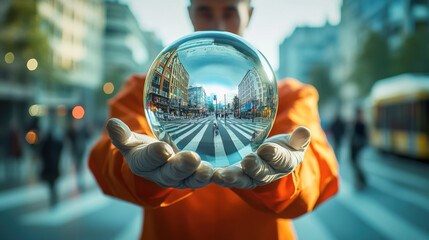 Wall Mural - A man standing in a laboratory wearing orange work clothes, the focus is on the glass orb in his hands, inside the glass orb is an image of a downtown intersection with green surroundings