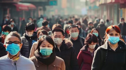 Wall Mural - Crowd of people walking street wearing masks