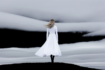 Wall Mural - A woman in a white dress stands on a snowy beach