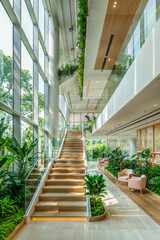 Eco-friendly urban interior stairs with lush tropical plants, natural lighting, modern interior design architecture, sustainability