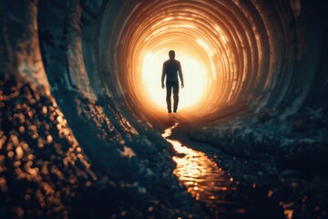 Poster - A person stands in a dimly lit tunnel with a bright light visible at the far end