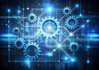 Abstract illustration of futuristic web design concept with coding lines, gears, and SEO elements, representing modern technologies and internet website programming for optimal rankings.
