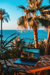 Poster - A laptop computer placed on a wooden table
