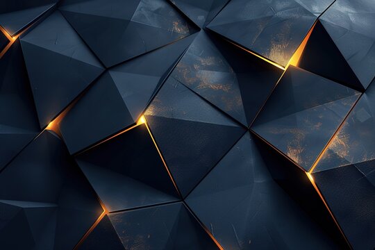 Abstract dark blue and gold geometric background with glowing lines.