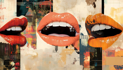 Illustration of female mouths engaged in conversation, presented in a modern collage style with contemporary design elements.