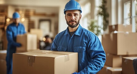 Moving company worker holding a box.