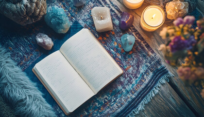 Meditation setup illustration in a flat lay, top view, with candles, crystals, and a journal with space for text