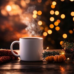 Canvas Print - A steaming cup of coffee outdoors in the autumn with pumpkin spice decorations. 