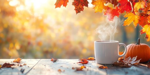 Wall Mural - A steaming cup of coffee outdoors in the autumn with pumpkin spice decorations. 