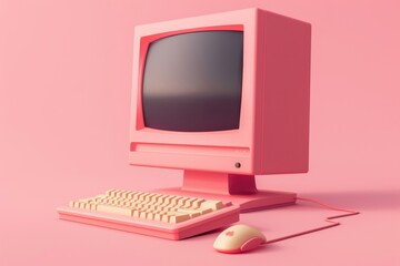 Poster - A pink computer with a mouse and keyboard setup