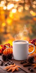 Wall Mural - A steaming cup of coffee outdoors in the autumn with pumpkin spice decorations. 