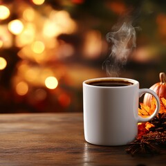 A steaming cup of coffee outdoors in the autumn with pumpkin spice decorations. 