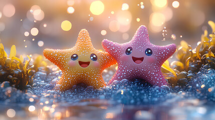 Illustration of cute two baby starfish print sea background