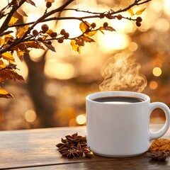 Wall Mural - A steaming cup of coffee outdoors in the autumn with pumpkin spice decorations. 