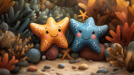 Illustration of cute two baby starfish print sea background