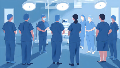 Wall Mural - Conceptual illustration of NHS staff in blue theatre scrubs, collaborating to achieve success in new medical procedures