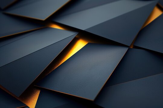 Abstract geometric background of dark blue shapes with golden edges.