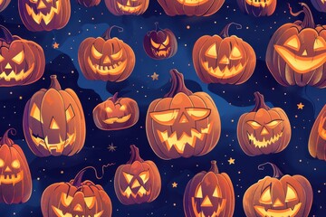 Wall Mural - A collection of Halloween pumpkins with various scary expressions