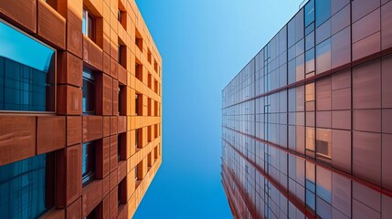 The photo highlights the juxtaposition of two different building facades against the bright blue sky in Madrid, showcasing beautiful modern architecture