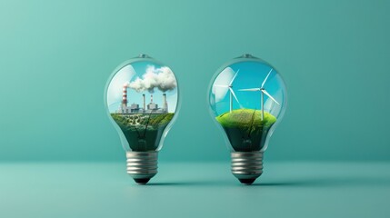 Wall Mural - a creative illustration contrasting pollution and renewable energy in light bulbs, symbolizing the c