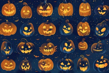 Wall Mural - A collection of Halloween pumpkins with various scary expressions