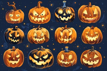 Wall Mural - A collection of Halloween pumpkins with various scary expressions