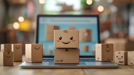 A laptop is on a table with a stack of boxes and a smiling face