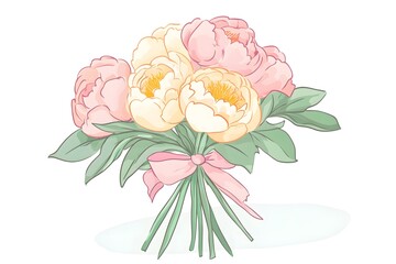 Sticker - Bouquet of Pink and White Peonies with Green Leaves and a Pink Bow