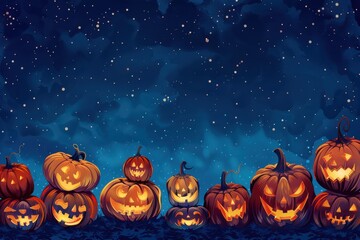 Wall Mural - A collection of Halloween pumpkins with various scary expressions