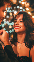 Wall Mural - Couple tying a necklace around a girl's neck, happy and romantic