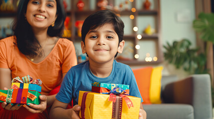 Sticker - Indian boy kid sitting with mother, holding gift boxes and crackers