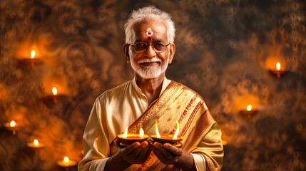 Wall Mural - Indian man holding diyas, festival look, standing good pose