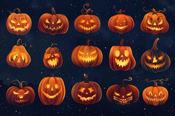 Wall Mural - A collection of Halloween pumpkins with various scary expressions