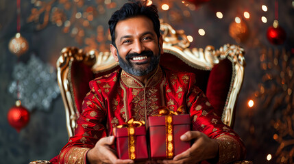 Poster - indian Man holding gift boxes and chocolates